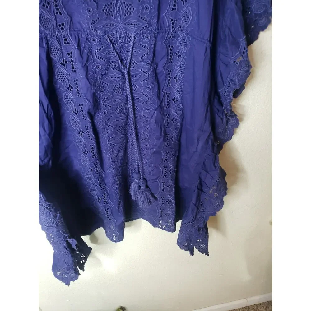 J Crew Re-imagined Blue Embroidered Floral Caftan Cover Up Tunic Top MEDIUM
